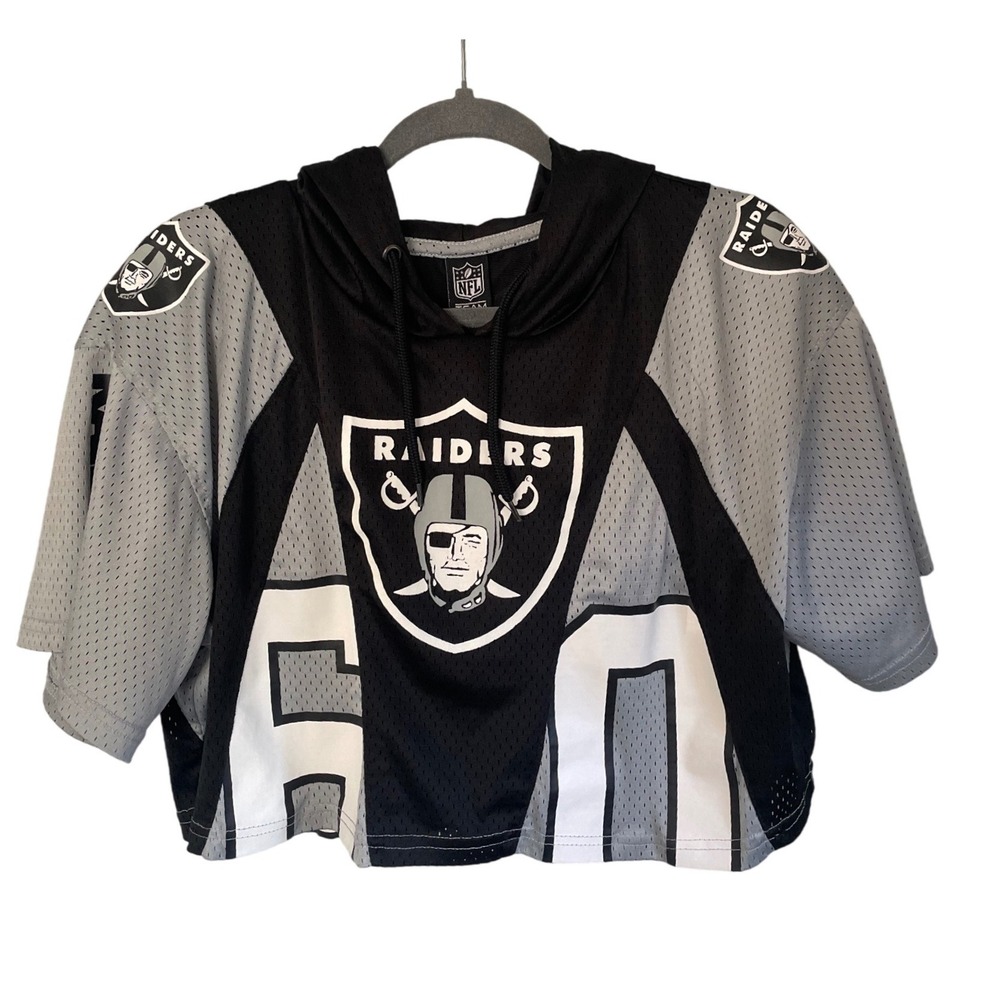NFL Team Apparel Las Vegas Raiders Cropped Jersey Hoodie Mesh Black Grey Medium